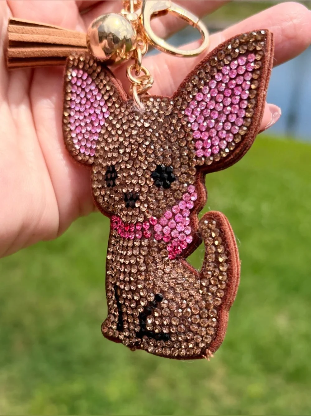 Crystal Chihuahua Keychain in Brown and Pink